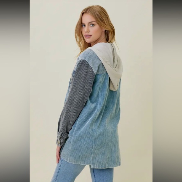 360. Hoodie Jacket Corduroy Washed Color block Blue Mix S, M & L NEW Item NWT - Picture 2 of 8